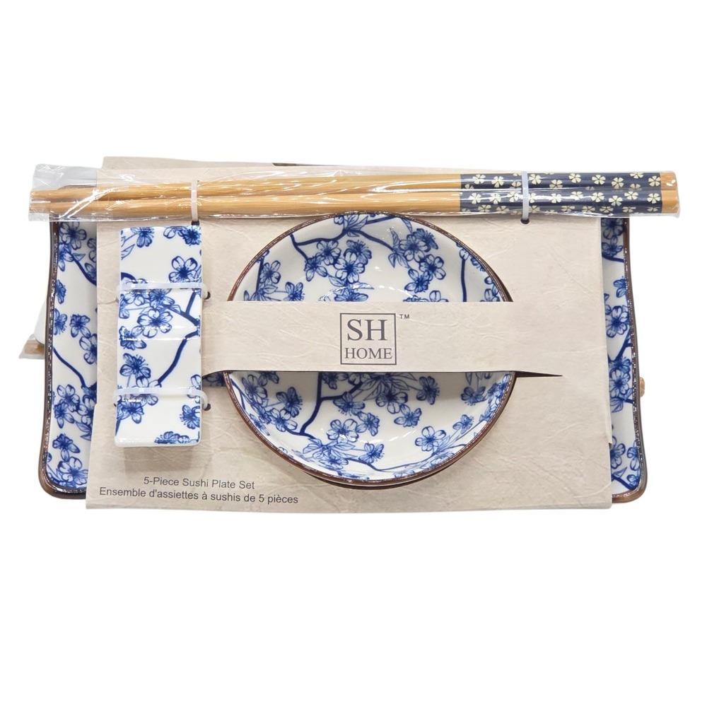 SH Home 5-Piece Ceramic Sushi Plate Set Blue Sakura Cherry Blossom Design 8x4.5